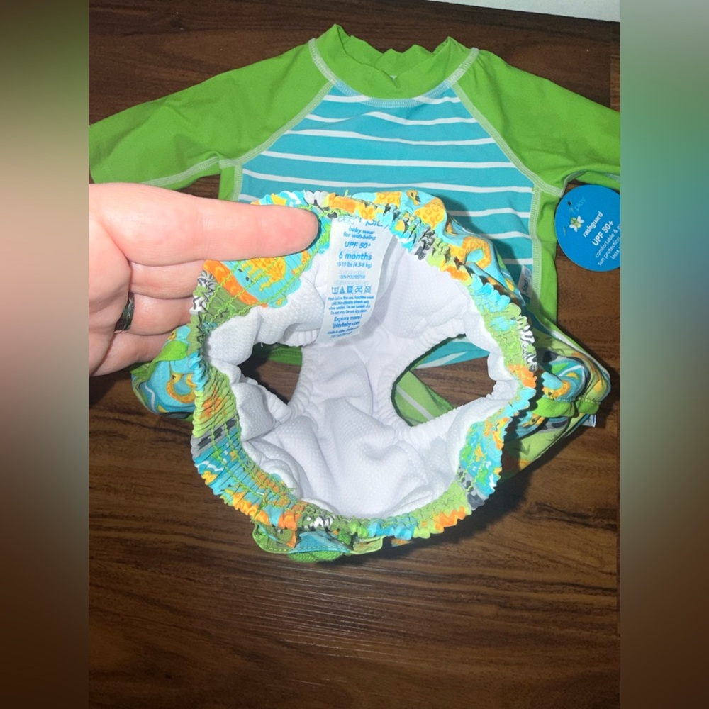 Green & Aqua Baby Swim Trunks & Rash Guard Set 3-6 Month w/ built in swim diaper - Picture 6 of 9